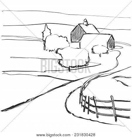 Village, Fields, Graphic Background Landscape Sketch Contryside