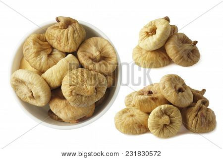 Collage Of Figs Isolated On White Background. Ripe Dried Fruit Close-up. Set Of Figs. Dried Figs Iso