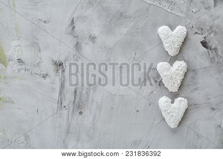 Sweet Crunchy Coconat Heart-shaped Biscuits Arranged In Pattern On Light Textured Background, Top Vi