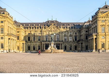 Wuerzburg , Germany - February 18 2018 : Front View Of The Royal Residence Palace In Wuerzburg.