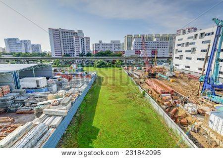 Construction Site With Foundation, Ground Works In Progress At Eunos, Singapore