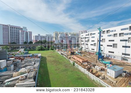 Construction Site With Foundation, Ground Works In Progress At Eunos, Singapore