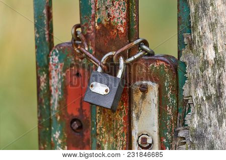 Metal gate locked by a padlock and chain
