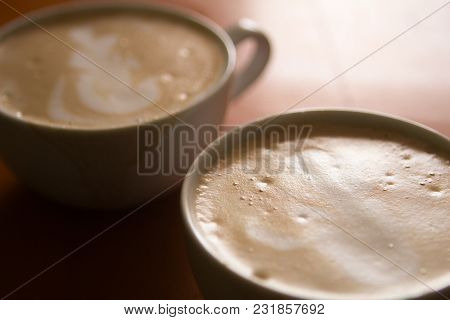 Closeup A Cups Of Coffee On A Table In A Cafe