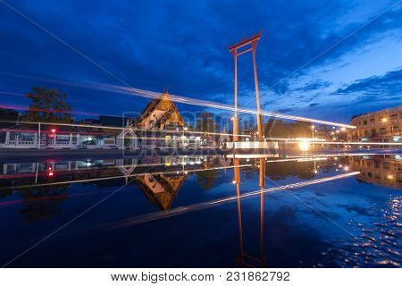 The Giant Swing And Suthat Temple At Twilight Time, In Bangkok Thailand