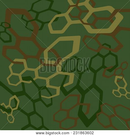 Geometrical Abstraction Of Honeycomb Khaki On A Green Background, Digital Camouflage, Isolated Green
