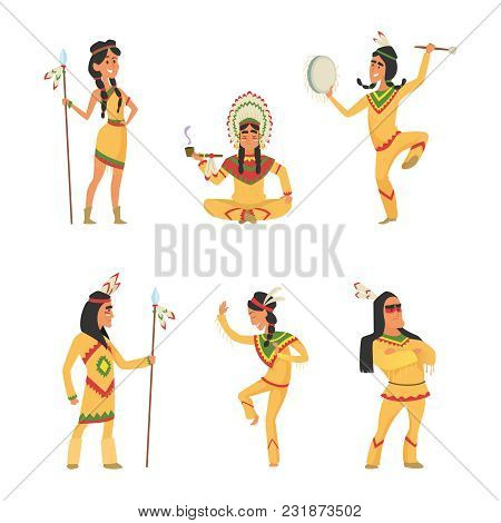 Native American Indians. Cartoon Characters Set In Vector Style. Illustration Of Indian Traditional 