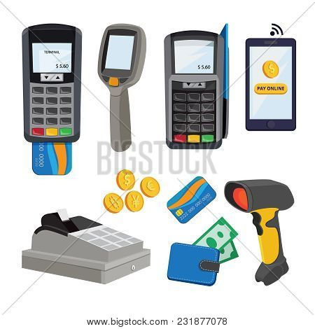 Money Terminal. Bank Cards Payment. Vector Pictures In Cartoon Style. Transaction Electronic And Tra