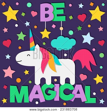 Be Magical. Card. Vector Illustration Of Unicorn