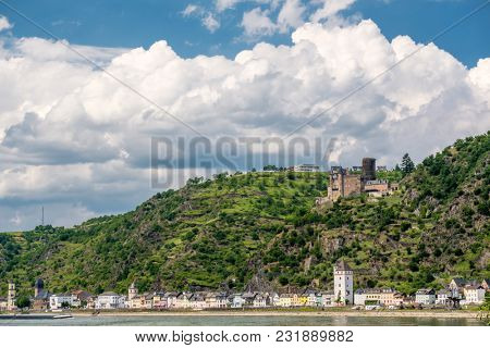 Katz Castle at Rhine Valley (Rhine Gorge) near St. Goarshausen, Germany. Built in 1371 and rebuilt in 1896. 