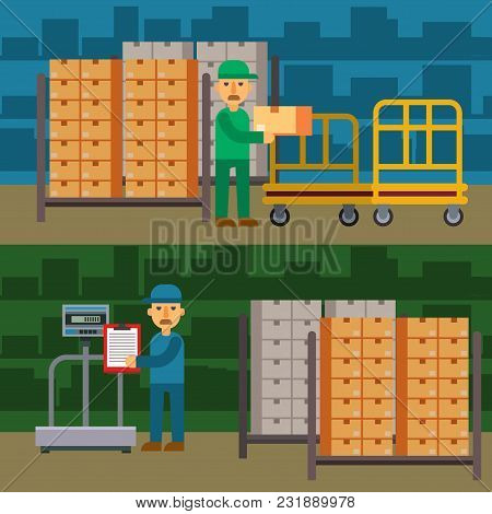 Warehouse Banner Background With Shipping And Delivery Flat Elements Vector Illustration. Storage Bu