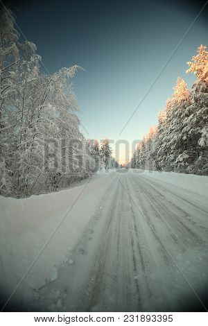 Icy Road In Vaesterbotten In Northern Sweden