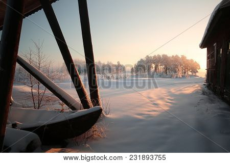 Winter Sunset At Lake Menstraesket In Vaesterbotten, Sweden