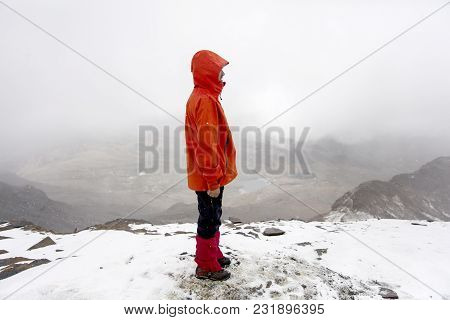 Man On The Chalcaltaya Mountain In Cordillera Range At Bolivia