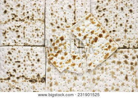 An Overhead Photo Of Of Matzah Or Matza Pieces. Matzah For The Jewish Passover Holidays. Place For T