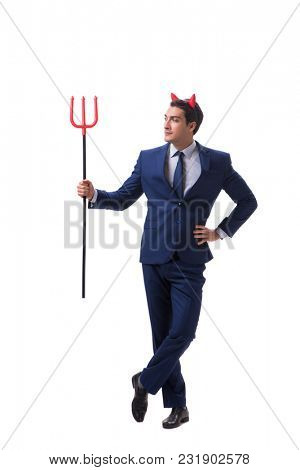 Evil devil businessman with pitchfork isolated on white backgrou