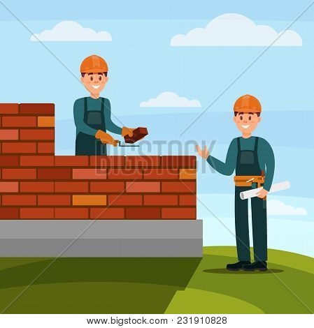 Construction Worker Bricklayer Making A Brickwork With Trowel And Cement Mortar, Foreman Supervising