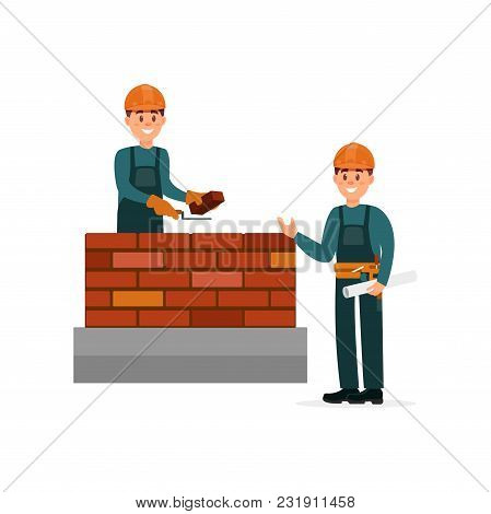Construction Worker Bricklayer Making A Brickwork With Trowel And Cement Mortar, Foreman Supervising