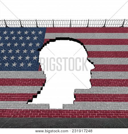 Illegal Immigration In The United States As A Refugee Crisis Concept With A Hole In A Border Wall Wi