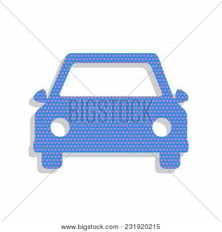 Car Sign Illustration. Vector. Neon Blue Icon With Cyclamen Polka Dots Pattern With Light Gray Shado