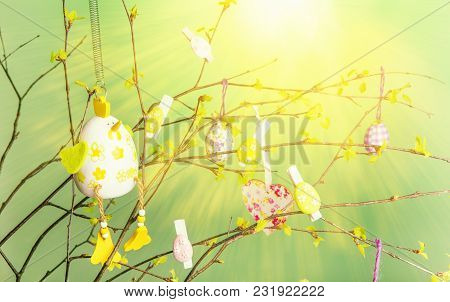 Composition Of Branches With Young Leaves And Green Buds, Decorated For Easter With Easter Eggs, Hea