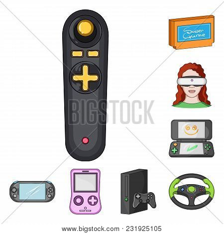 Game Console And Virtual Reality Cartoon Icons In Set Collection For Design.game Gadgets Vector Symb