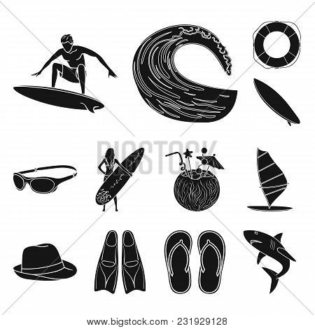 Surfing And Extreme Black Icons In Set Collection For Design. Surfer And Accessories Vector Symbol S