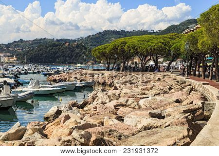 Lerici, Italy, La Spezia Province, Ligurian Riviera - August 07, 2017. Hot Summer .tourists Walk Alo