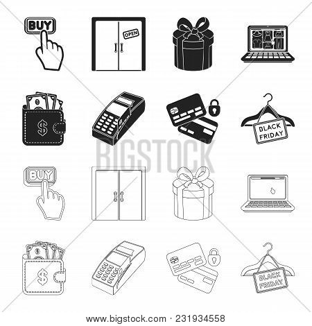Purse, Money, Touch, Hanger And Other Equipment. E Commerce Set Collection Icons In Black, Outline S