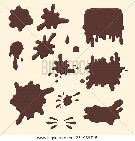 Vector Set Of Chocolate Drops And Blots. Drops Isolated On White Background.