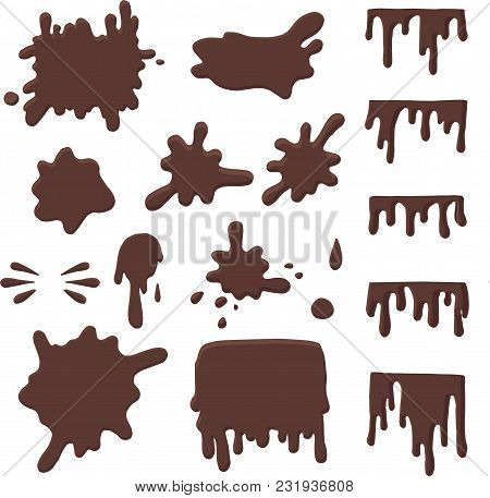 Vector Set Of Chocolate Drops And Blots. Drops Isolated On White Background.