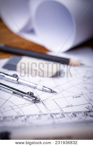 Indastrial Drawing Detail And Several Drawing Tools. Technical Drawings