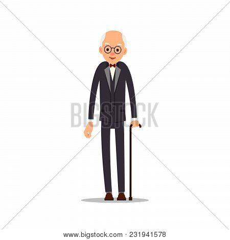 Old Man. Elderly Man In Tail-coat With Bow Tie Leans Against Stick. Cartoon Illustration Isolated On