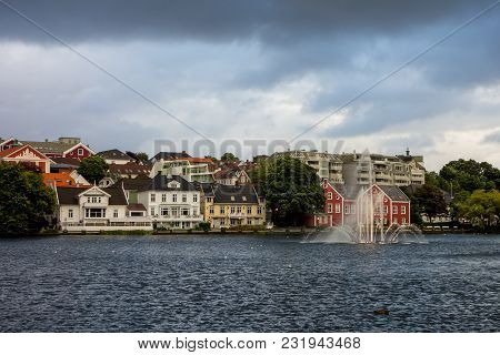 Buildings With Waterworks Near The Breiavatnet Lake In Stavanger, Norway
