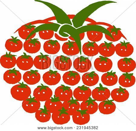 Tomato Concept - One Big Made Of Many Small. Red Tomatoes, Ripe, With Green Roots And White Patches 