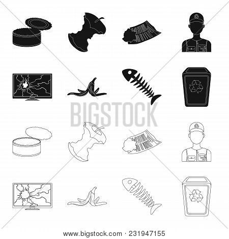Broken Tv Monitor, Banana Peel, Fish Skeleton, Garbage Bin. Garbage And Trash Set Collection Icons I
