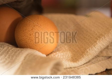 White Egg On A Towel In The Early Morning