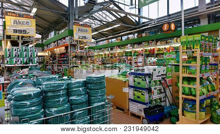 Kolin, Czech Republic - March 17, 2018: Shelves With Garden Goods In Obi Store. Obi Is The Largest D