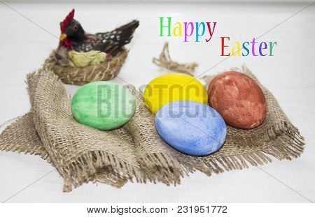 Easter. Easter Eggs On A White Wooden Background. Easter Background. Easter Eggs. Easter. Easter Sym