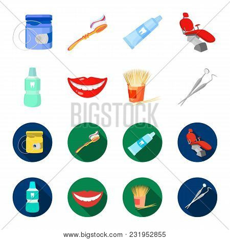 Dental Sterile Liquid In The Jar, Lips, Teeth, Toothpicks In The Jar, Medical Instruments For The De