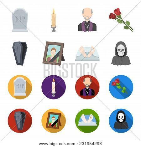 Coffin With A Lid And A Cross, A Photograph Of The Deceased With A Mourning Ribbon, A Corpse On The 