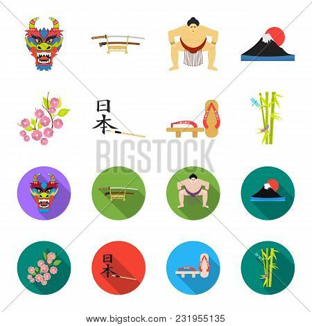 Geta, Sakura Flowers, Bamboo, Hieroglyph.japan Set Collection Icons In Cartoon, Flat Style Vector Sy