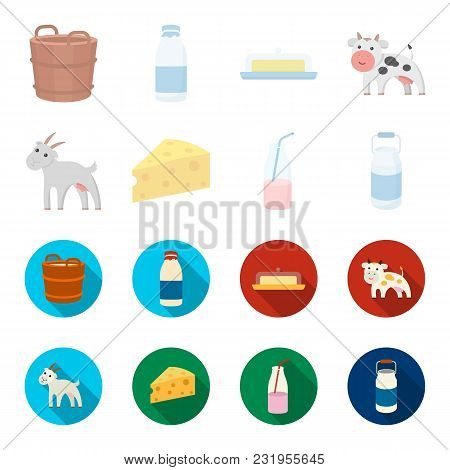 Goat, A Piece Of Cheese And Other Products. Milk Set Collection Icons In Cartoon, Flat Style Vector 