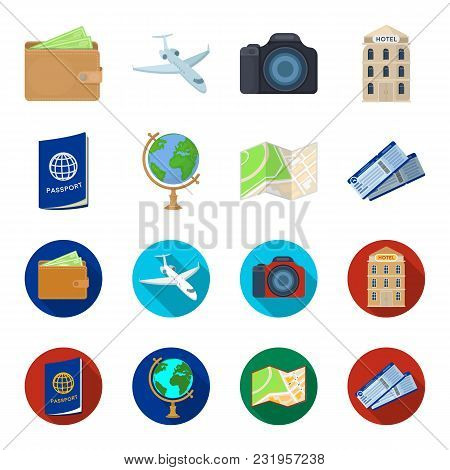 Vacation, Travel, Passport, Globe .rest And Travel Set Collection Icons In Cartoon, Flat Style Vecto