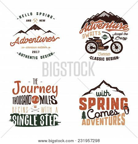 Vintage Adventure Tee Shirts Designs, Summer Logo Set. Hand Drawn Travel Labels. Mountain Explorer, 