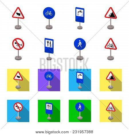 Different Types Of Road Signs Cartoon, Flat Icons In Set Collection For Design. Warning And Prohibit