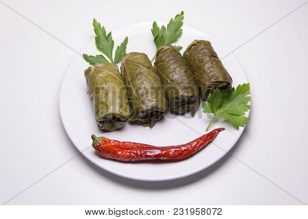Grape Leaves Rolls. Sarmale, Dolma, Sarma, Golubtsy Or Golabki. Grape Leaves Stuffed With Meat, Rice