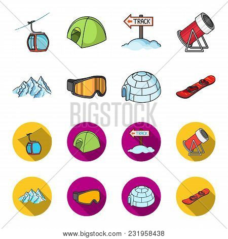 Mountains, Goggles, An Igloo, A Snowboard. Ski Resort Set Collection Icons In Cartoon, Flat Style Ve
