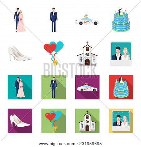 Wedding And Attributes Cartoon, Flat Icons In Set Collection For Design.newlyweds And Accessories Ve