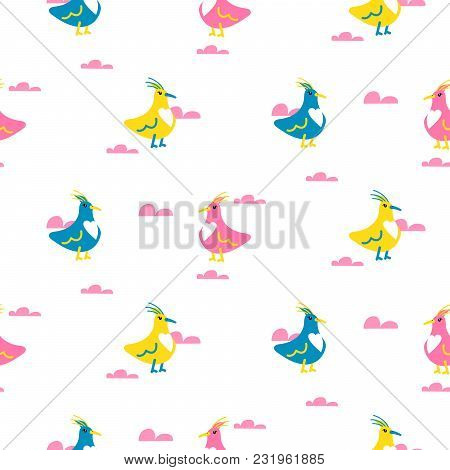 Funny Birds Cartoon Seamless Vector Pattern. Childish Bright Repeat Background For Textile Print.